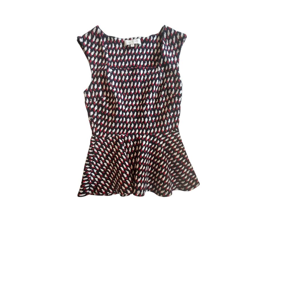 Eri + Ali Peplum Top | XS | Black Red White Abstract Dot Print | Stretch Cotton